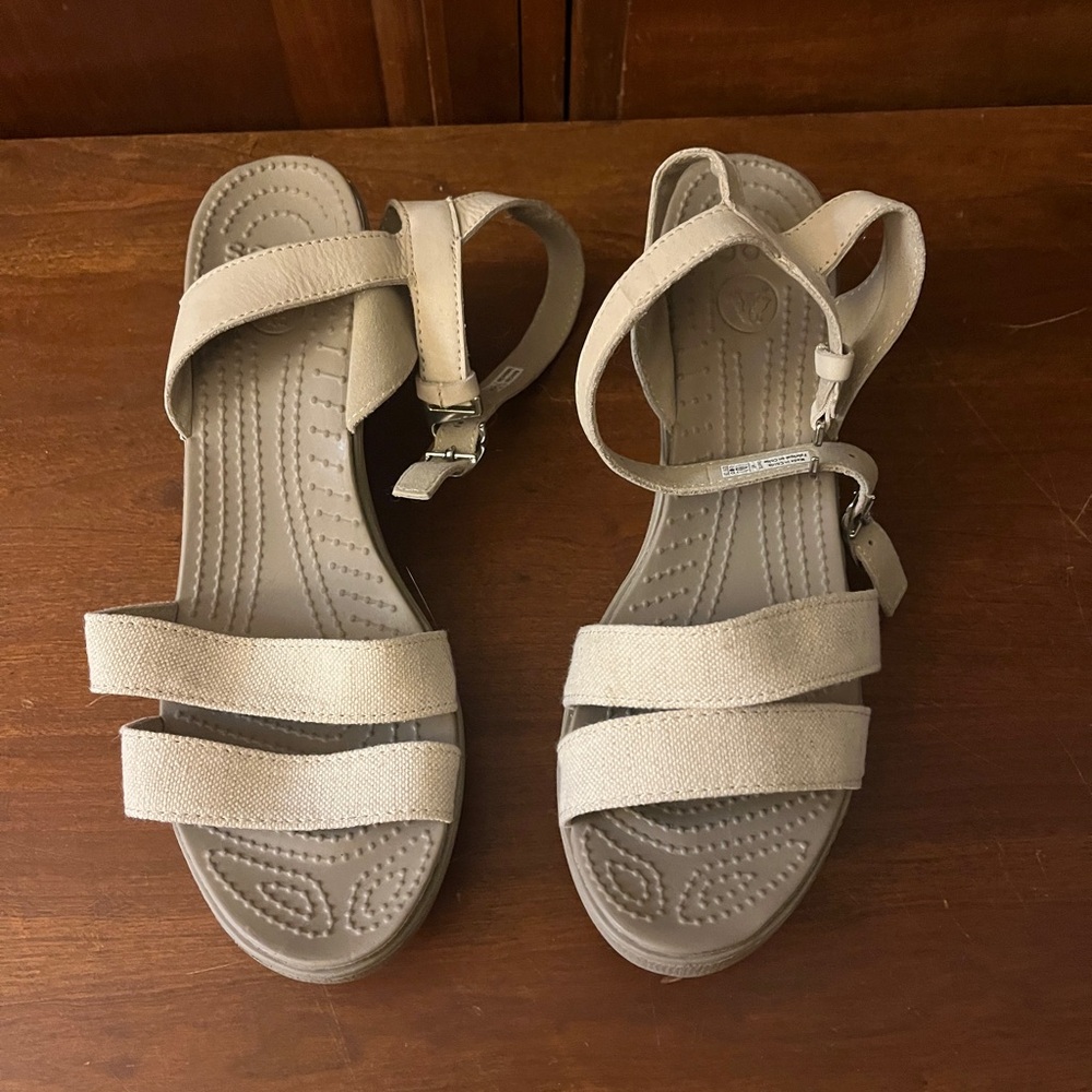 Tan Crocs wedge sandals